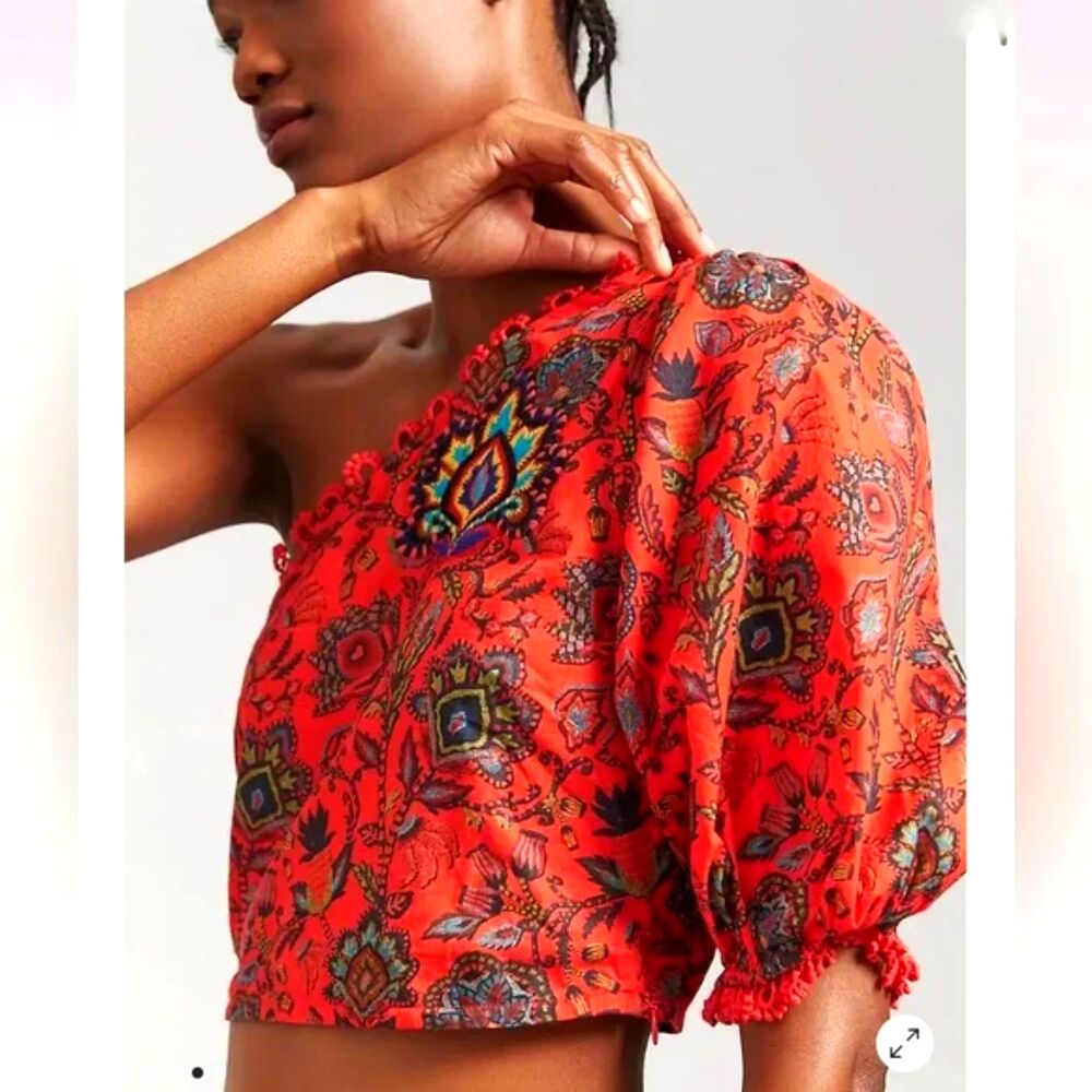 Anthropologie x FARM Rio One Shoulder Crop Top Size M NWT Red Multicolor Boho